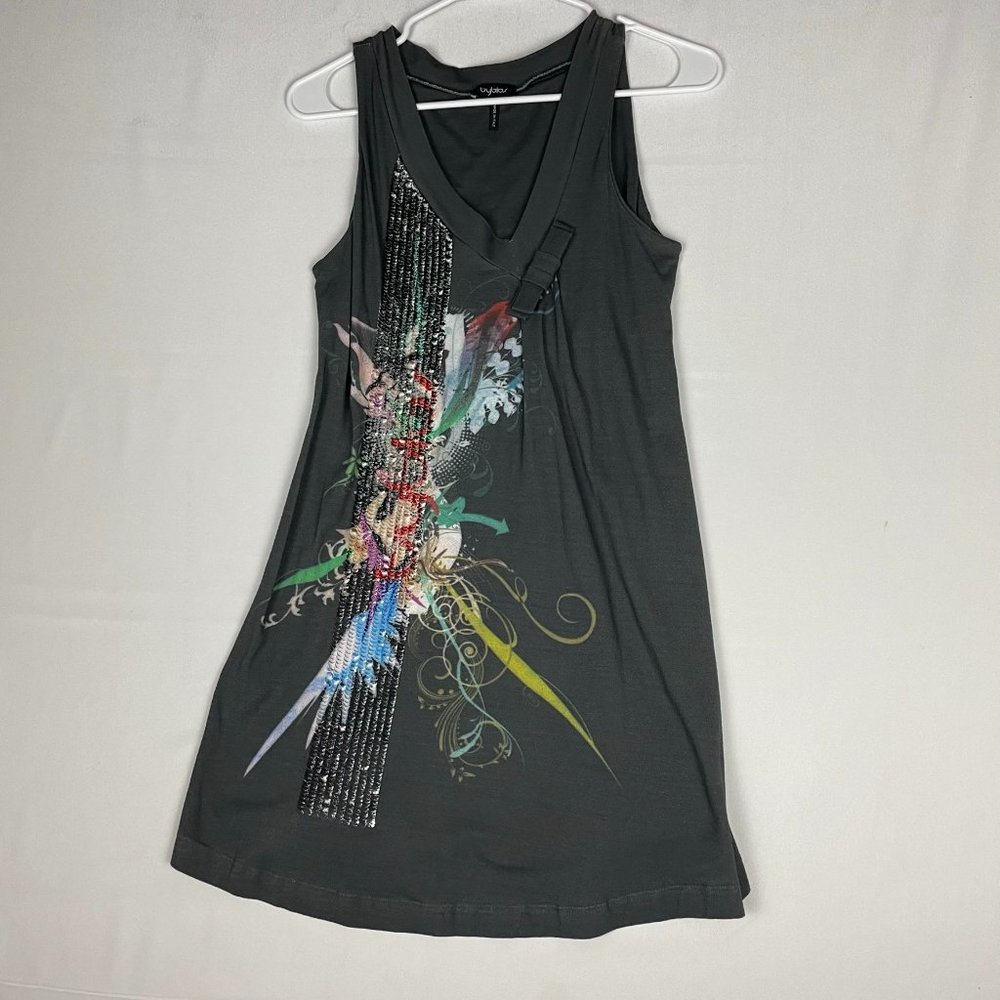 BYBLOS Dark Gray Beaded Tassel Graphic Dress Size 6 Cotton Made in Italy